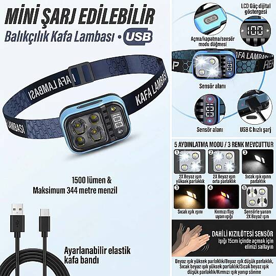 Hasuba Hareket Sesörlü Şarjlı Led Kafa Lambası  - 2